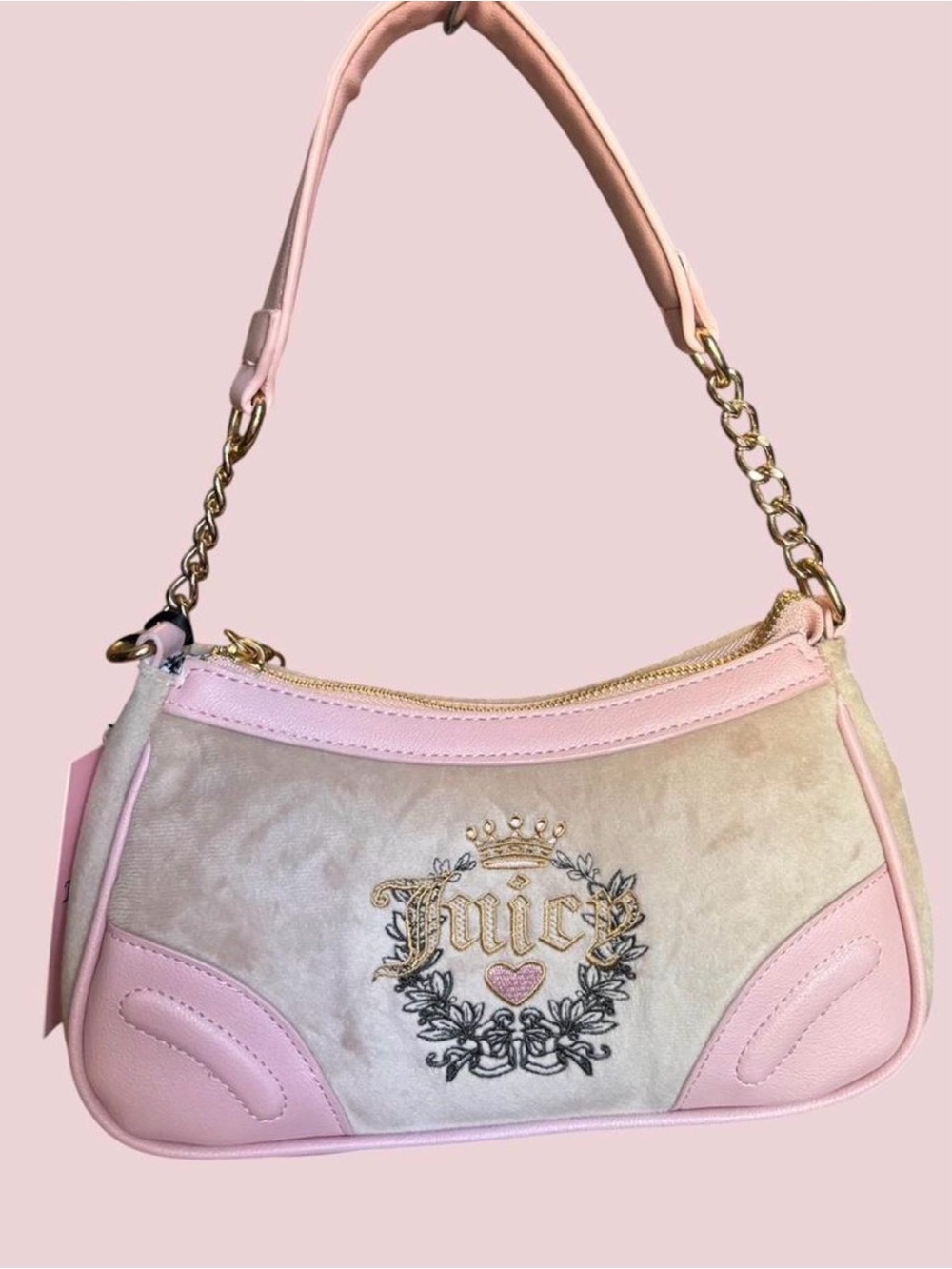 Juicy Couture Pink and Cream Shoulder Bag with Embroidered Crest